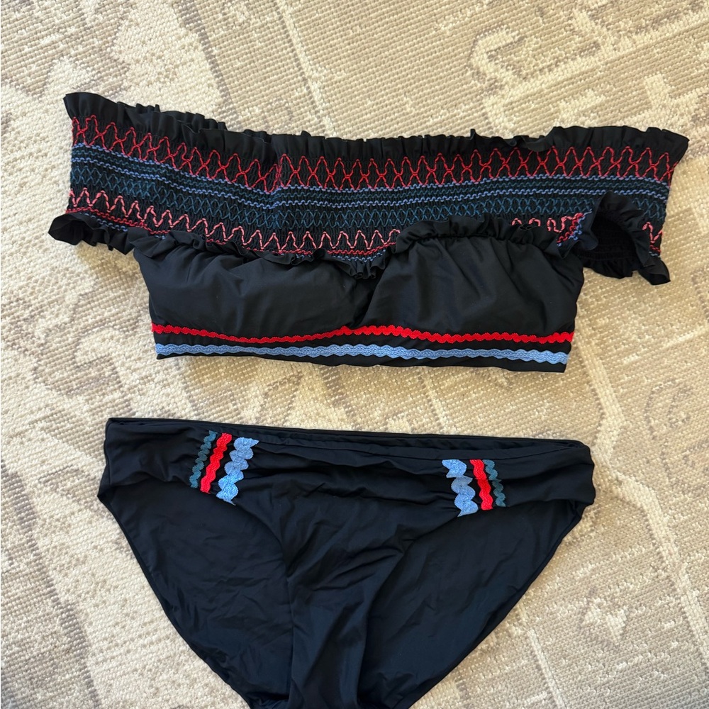 Red Carter Black Smocked Off-Shoulder Bikini with Red & blue ric rac trim